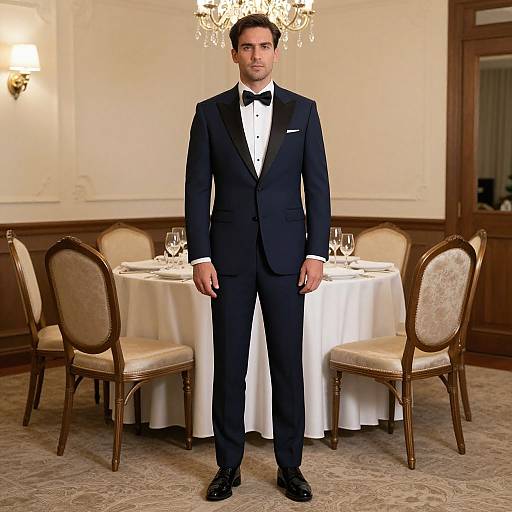 Photograph of a man in a black tuxedo with a white shirt and black bow tie, standing in an elegant dining room with a round table