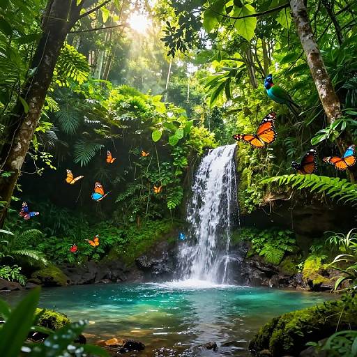 Photograph of a lush, tropical jungle with a cascading waterfall, vibrant orange and blue butterflies, and sunbeams filtering through dense green foliage.
