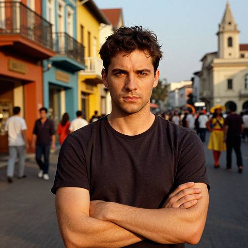 Photograph of a serious, dark-haired man in a black t-shirt, arms crossed, standing in a colorful, bustling street with historic buildings and people