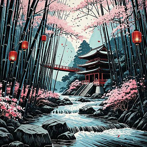 Serene Japanese Bamboo Forest with River and Lanterns