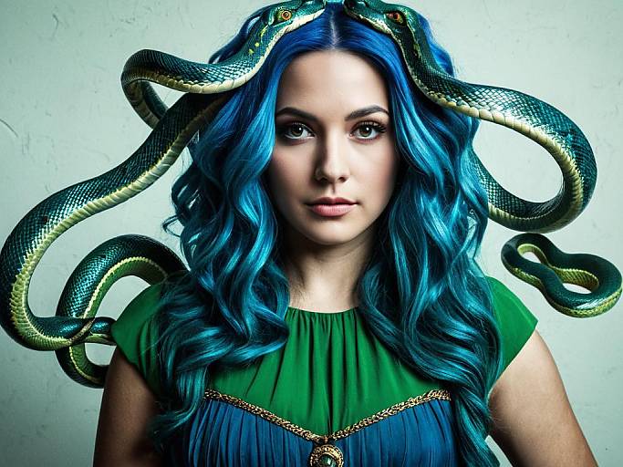 Photograph of a woman with vibrant blue hair, green and blue dress, snake-like green and yellow tendrils wrapped around her head.