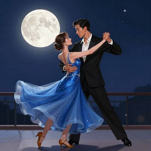 Photograph of a dancing couple under a bright full moon: she in a sparkling blue dress, he in a black suit, both in elegant poses on