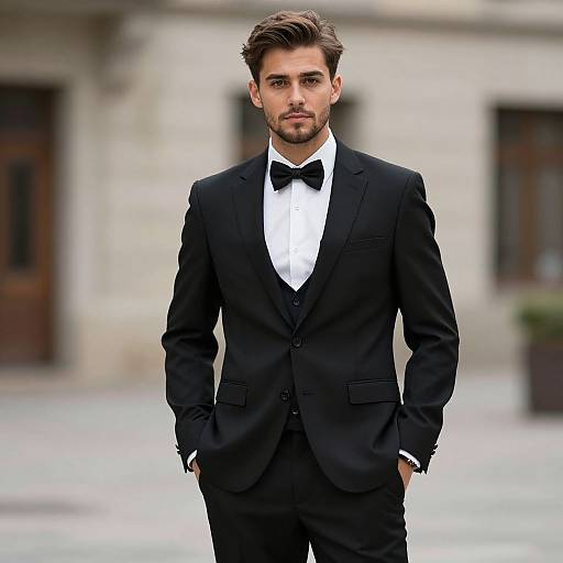 Photograph of a handsome, young man with dark brown hair and beard, wearing a black tuxedo with a white shirt and black bow tie,