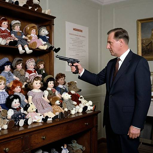 Photograph of a man in a black suit pointing a gun at a wooden shelf filled with vintage dolls, in a room with white walls and a framed