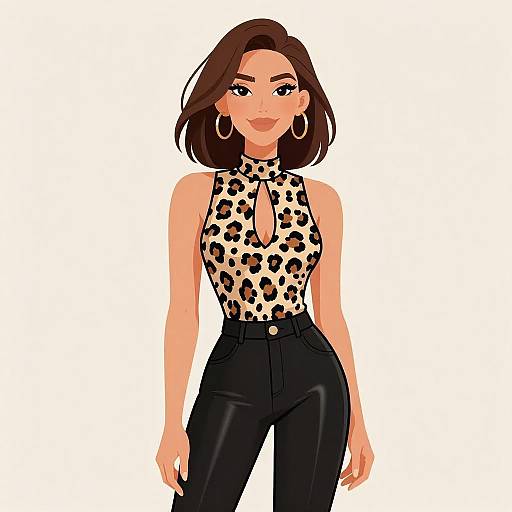 Digital illustration of a confident woman with short brown hair, wearing a leopard print halter top and black high-waisted pants, large gold hoop earrings