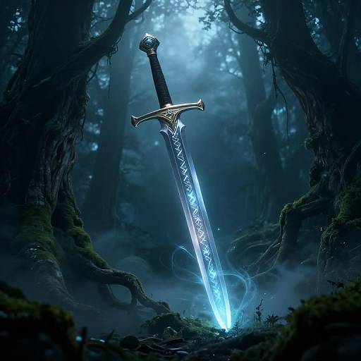 Digital fantasy artwork of a glowing blue sword with intricate runes, standing upright in a dense, misty forest.