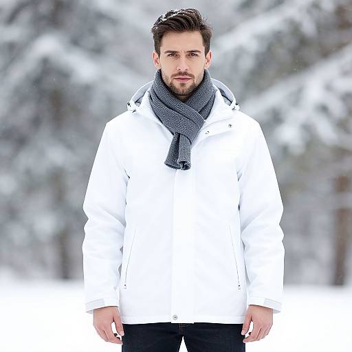 Photograph of a bearded man with dark hair, wearing a white coat and gray scarf, standing in a snowy, forested background.