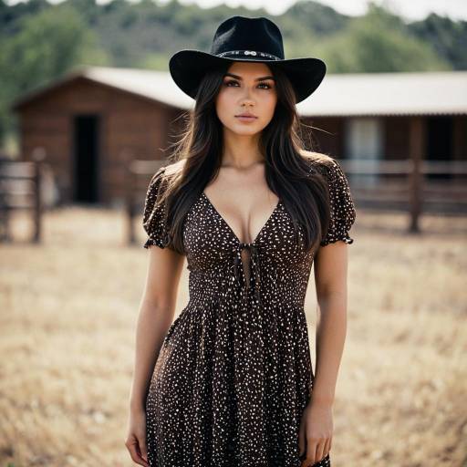 Woman in Cowboy Hat and Brown Dress Outdoors