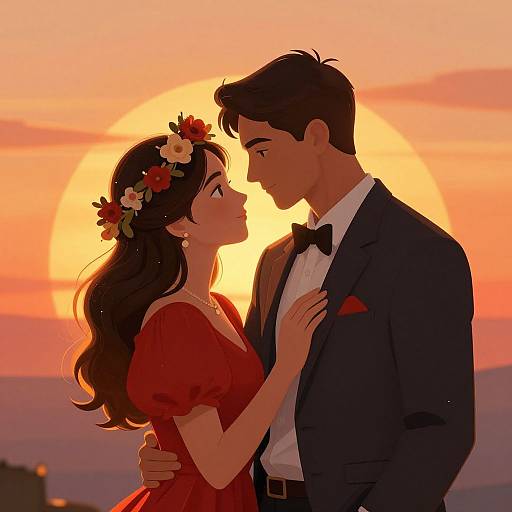 Digital anime-style drawing of a romantic sunset scene: a dark-haired man in a black tux and woman in a red dress, with flower crown,