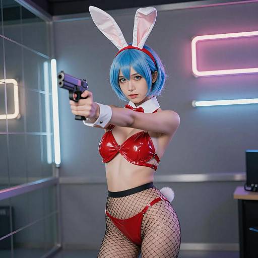 Blue-Haired Bunny Girl with Gun
