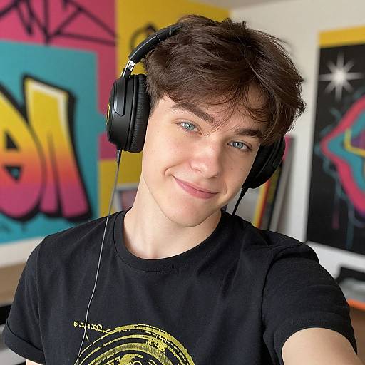 Photograph of a young man with brown hair, blue eyes, wearing black headphones and a black t-shirt, smiling in a colorful, graffiti-adorn