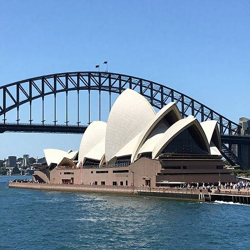 Photograph of Sydney's iconic Opera House with its white sail-like roofs and the black Sydney Harbour Bridge in the background, under a clear blue sky.