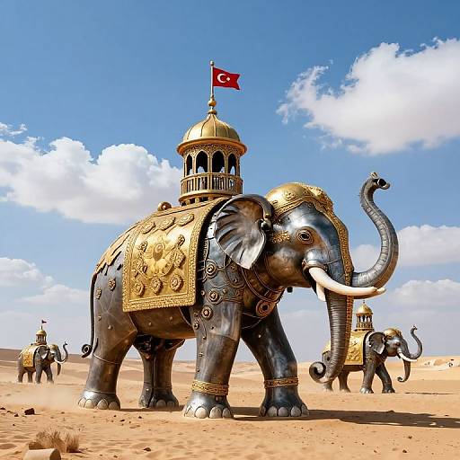 Photorealistic image of two elaborately decorated elephants with golden trappings, Turkish flag on dome, under bright blue sky with clouds, in sandy desert