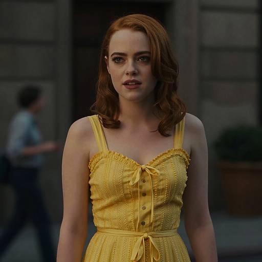 Photograph of a fair-skinned woman with red hair wearing a yellow, button-up, sleeveless dress, standing in an urban setting. Blurred