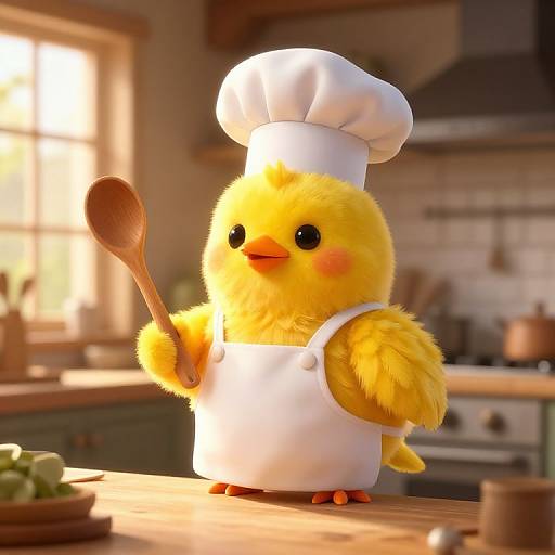 Cute CGI yellow chick in white chef hat and apron, holding wooden spoon, standing on kitchen counter with sunlight streaming in.
