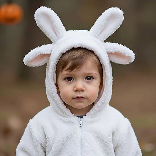 Photograph of a young child with brown eyes and light brown hair, wearing a fluffy white bunny hooded onesie with tall ears, standing outdoors with