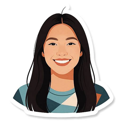 Digital illustration of a smiling Asian woman with long black hair, wearing a blue and white top, against a white background.