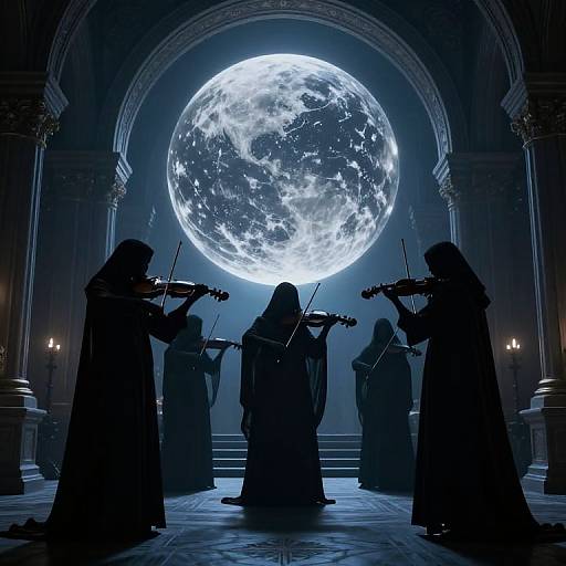 Silhouetted nuns with violins play in front of a massive, glowing full moon in a dimly lit, Gothic cathedral.