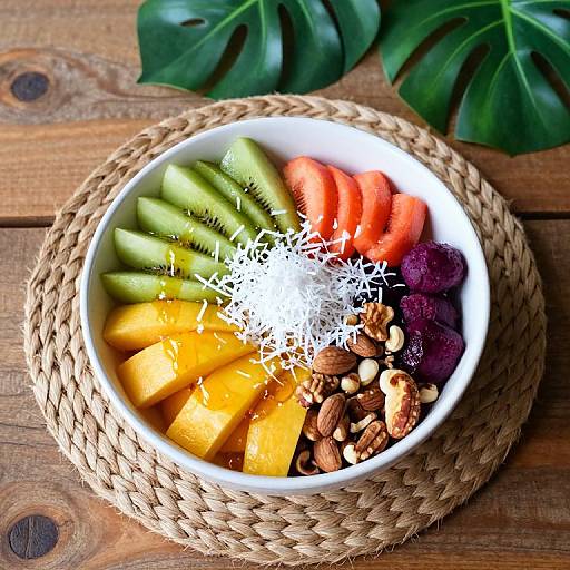 Photograph of a white bowl filled with colorful fruit slices, nuts, and coconut flakes, on a woven placemat, with green monstera leaves