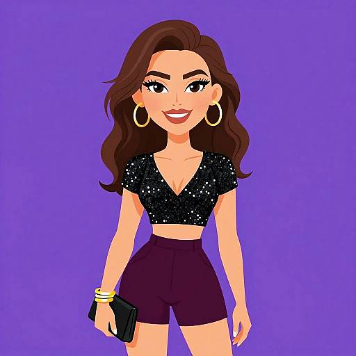 Digital illustration of a smiling woman with long brown hair, wearing a sparkly black crop top, high-waisted purple shorts, large gold hoop earrings