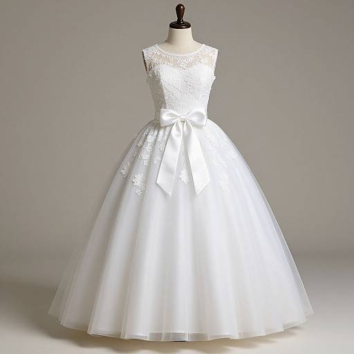 Photograph of a white, sleeveless lace wedding dress with a full, tulle skirt and bow detail, displayed on a mannequin against a