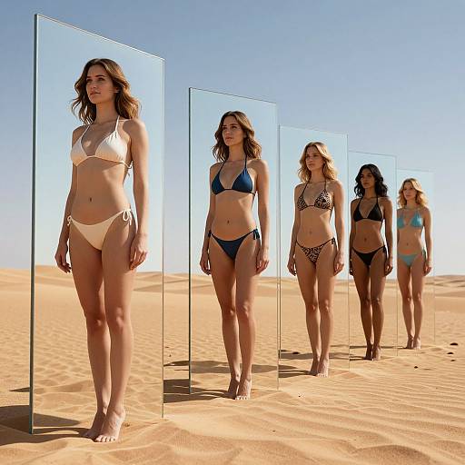 Photograph of five women in bikinis, standing behind glass panels in a sunny desert, each wearing different colored bikinis.