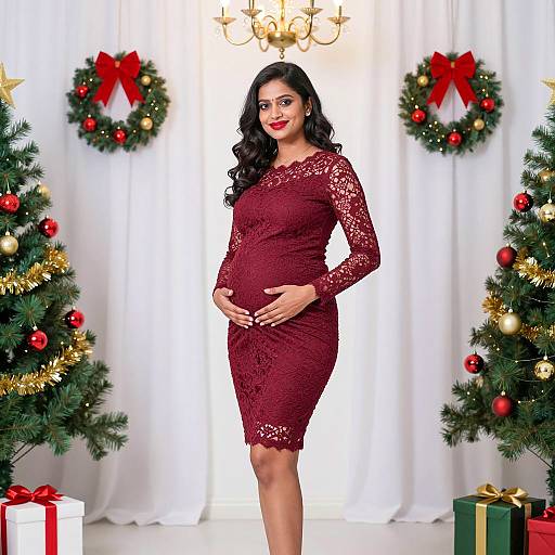 Pregnant Woman in Maroon Lace Dress at Christmas