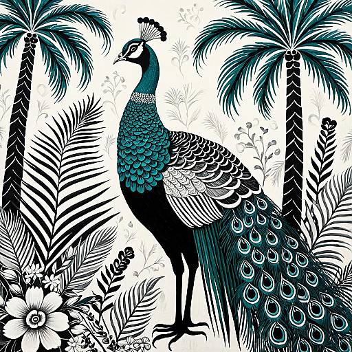 Enchanted Teal Gond Peacock Oil Painting