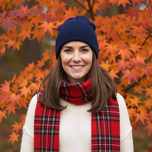 Smiling Woman in Autumn with Red Plaid Scarf