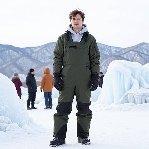Man in Green Snowsuit in Snowy Landscape