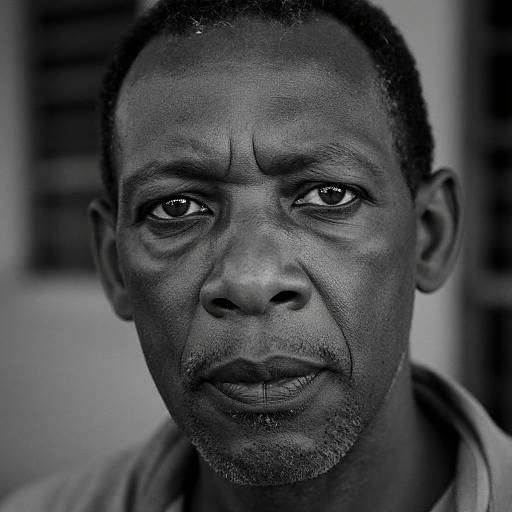 Close-up photograph of a serious, middle-aged African man with dark skin, short curly hair, and a slight mustache, wearing a collared shirt