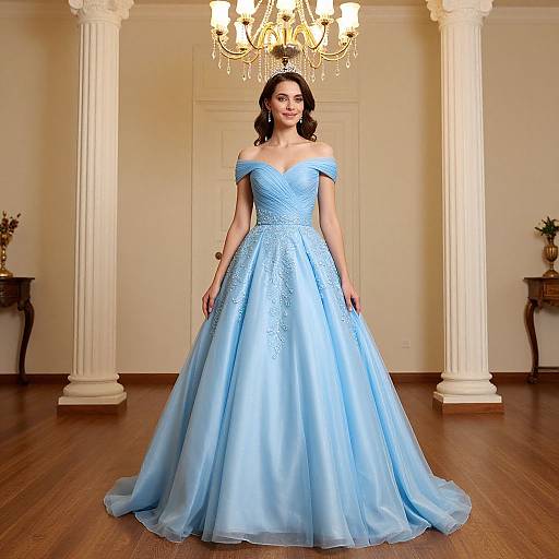 Photograph of a smiling woman in a light blue, off-shoulder, ball gown with a sparkling bodice, standing in an elegant room with