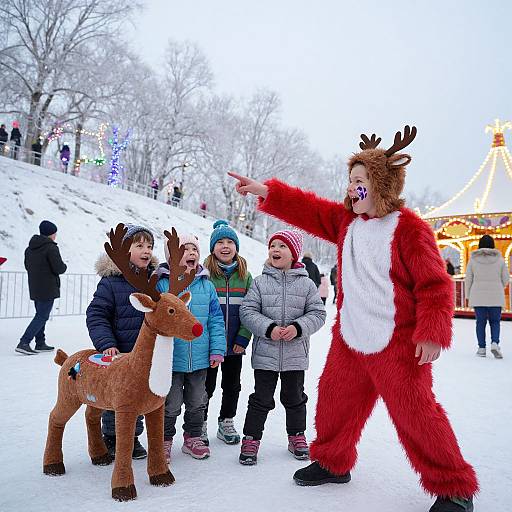 Photograph of children in winter clothes standing with a reindeer and Santa costume character in red fur, pointing, at a snowy outdoor Christmas fair.