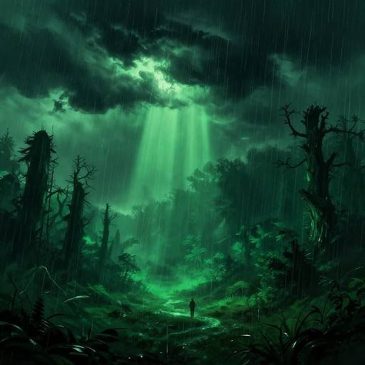 Digital painting of a rainy, green-lit forest path with rays of moonlight piercing through dark clouds; a lone figure stands at the path's center