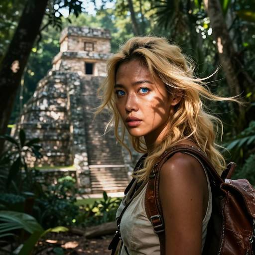 Photograph of a blonde, blue-eyed woman with wavy hair, wearing a white tank top and brown backpack, standing in a jungle with ancient stone
