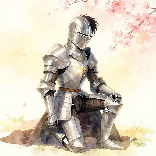 Digital drawing of a medieval knight in shiny silver armor with a black mohawk, sitting thoughtfully amidst cherry blossoms.