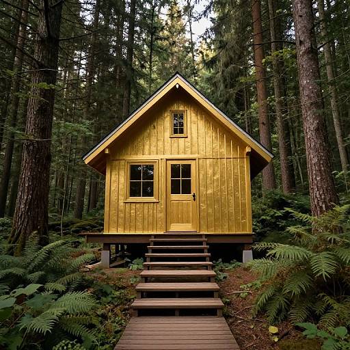 Photograph of a small, golden-yellow wooden cottage with a gabled roof, centered in a dense forest, accessed by wooden steps.