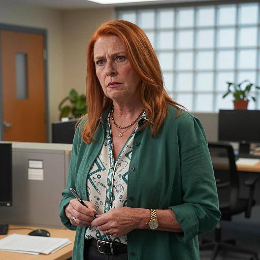 Concerned Woman in a Warm Office Setting
