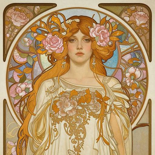 Art Nouveau-style digital illustration of a pale-skinned, red-haired woman with pink roses in her hair, wearing an ornate, white floral dress