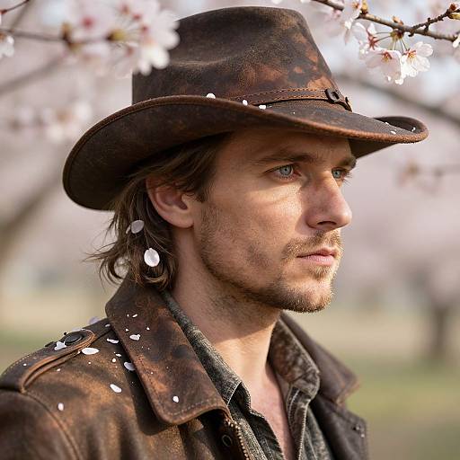 Photograph of a rugged, blue-eyed man with brown hair and beard, wearing a weathered brown hat and leather jacket, surrounded by blooming cherry