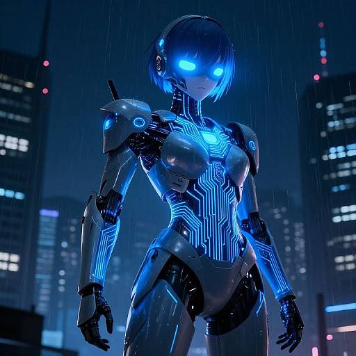 CGI image of a glowing blue cybernetic female android with neon circuits, standing in a rainy cityscape at night, surrounded by illuminated skyscrap