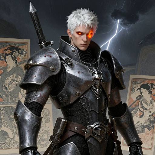 Photorealistic digital art of a white-haired, red-eyed warrior in shiny black armor with a sword, standing before stormy, lightning-lit background