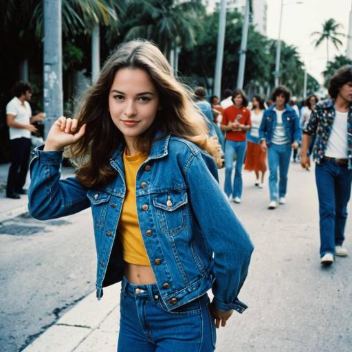 Young Woman in Denim Jacket and Jeans on Busy Street