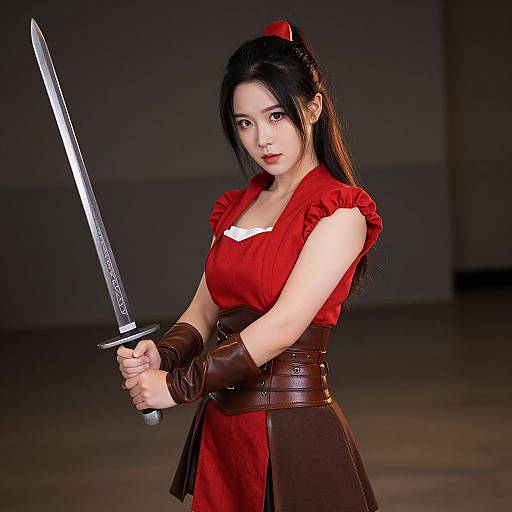 Photograph of an Asian woman with long black hair, wearing a red dress, brown leather gloves, and a red headband, holding a silver sword