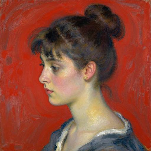 Impressionist-style portrait of a young woman with fair skin, dark hair in a bun, red background, and reflective expression.