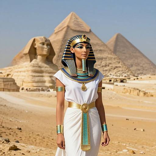 Photograph of an ancient Egyptian woman in white dress with blue and gold accessories, striped headpiece, and turquoise jewelry, standing in front of pyramids