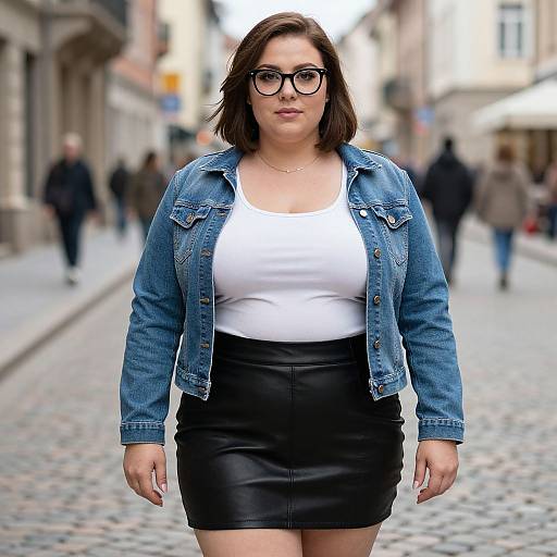 Photograph of a curvy woman with glasses, wearing a white tank top, blue denim jacket, and black leather skirt, walking on a cobble