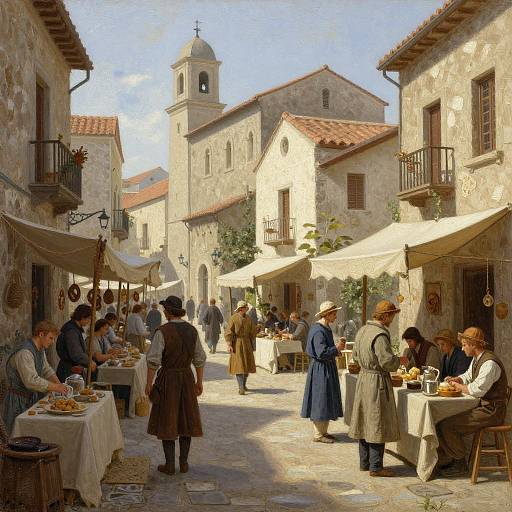 Photorealistic painting of a sunlit, European village street with outdoor café tables, stone buildings, people in 19th-century clothing, and a