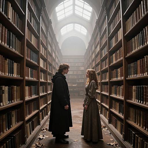 Digital art of a misty, grand library with tall shelves on both sides, featuring a man in a long black coat and a woman in a gray