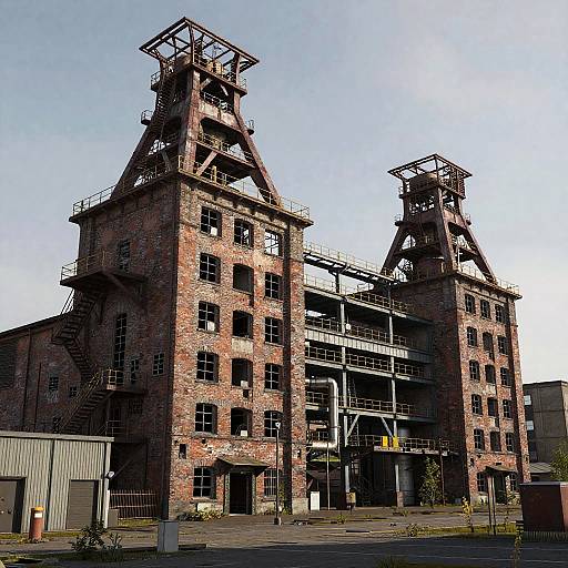 Photograph of a large, weathered, red-brick industrial building with two tall, rusted metal towers, empty windows, and scaffolding,